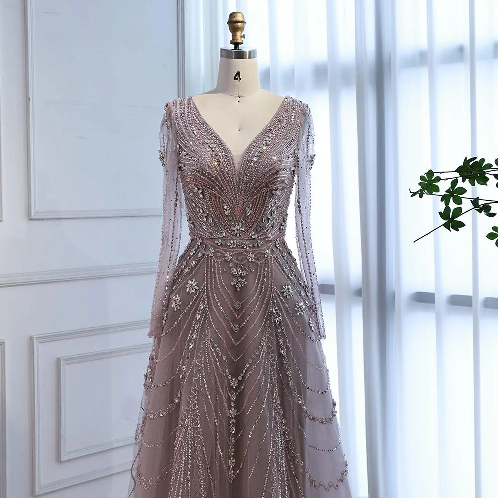 Luxury Pink Beaded A-Line Evening Dress with V Neck &amp; Long Sleeves LA73114 - SERENE HILL