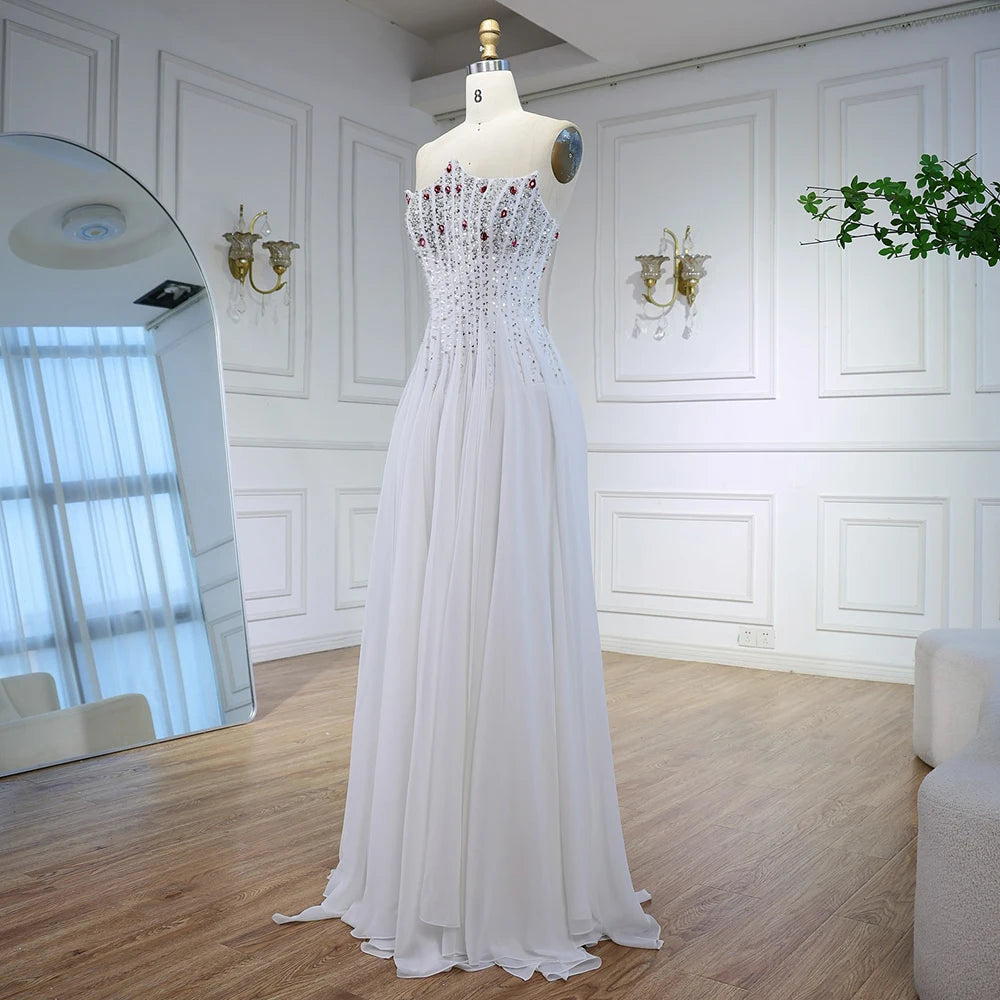 Luxury White Pearl Beaded Evening Dress Double Front Split LA72667 - SERENE HILL