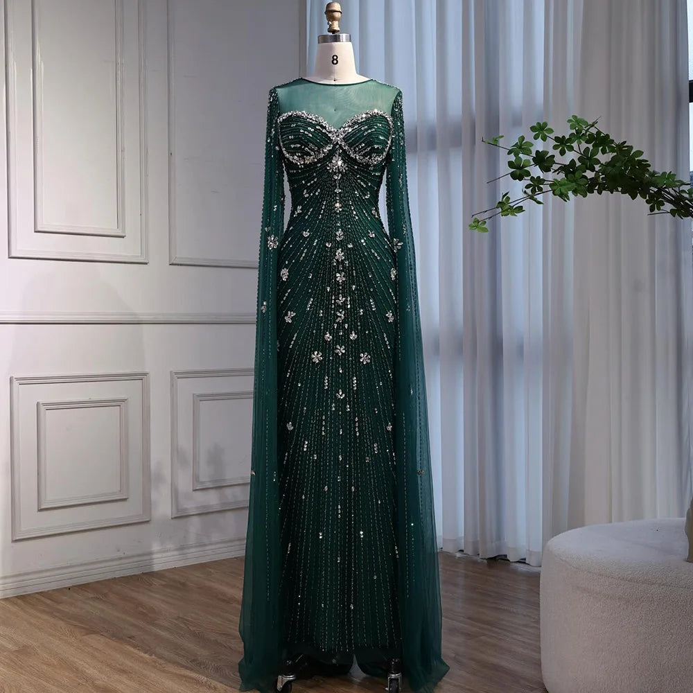 Luxury Green Beaded Mermaid Dress with Cape Sleeves LA73115 - SERENE HILL