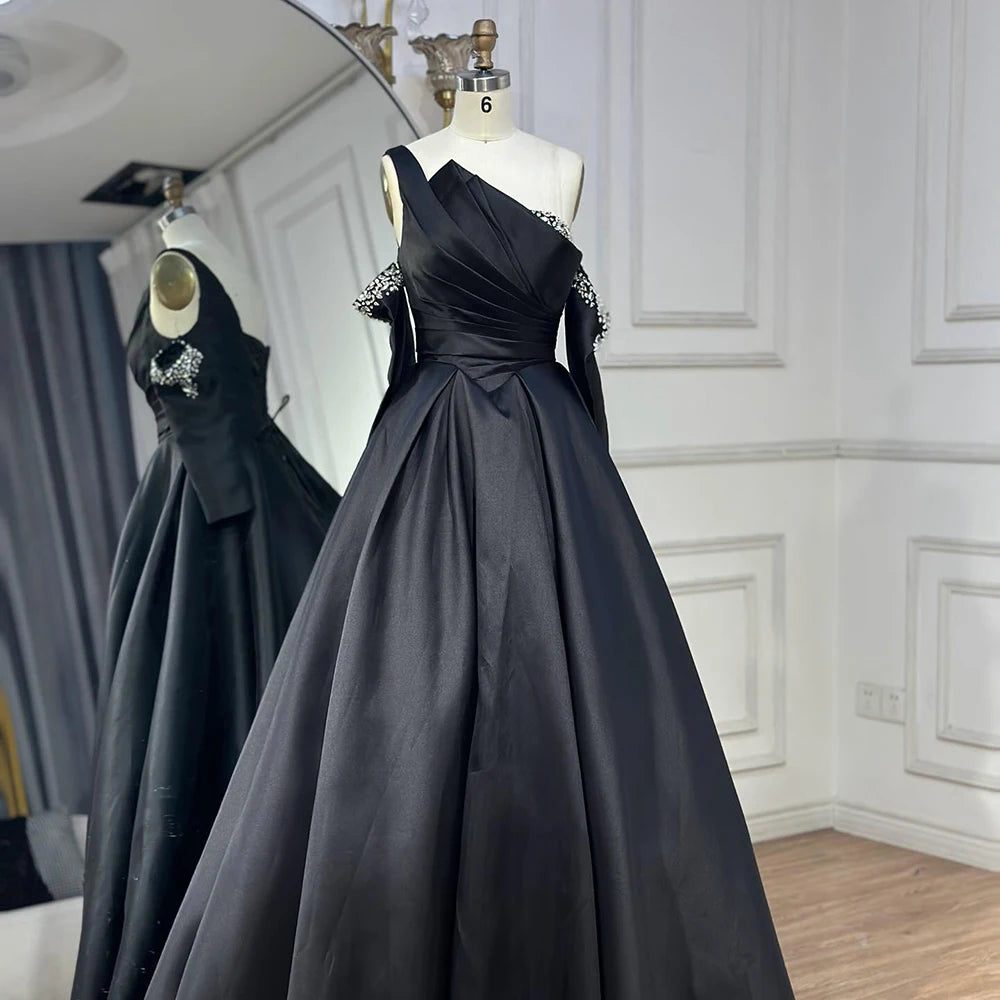 Luxury Black Satin One Shoulder Beaded A-Line Evening Dress LA72741 - SERENE HILL