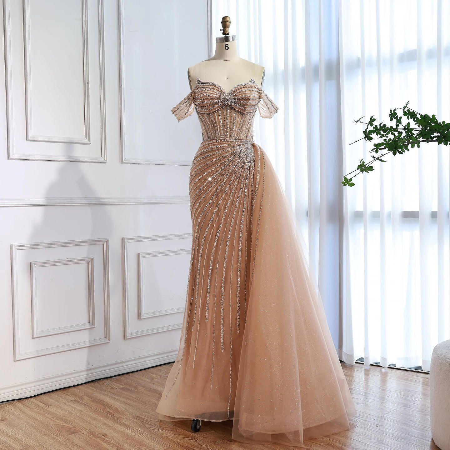 Luxury Nude Off Shoulder Beaded Mermaid Gown with Overskirt LA73139 - SERENE HILL