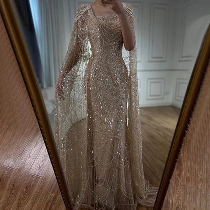 Luxury Turquoise Beaded Pearl Arabic Evening Dress with Cape Sleeves LA72590 - SERENE HILL