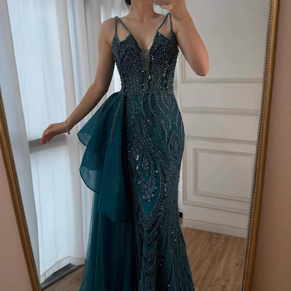 Luxury Green Spaghetti Strap Beaded Mermaid Evening Dress with Overskirt LA72378B - SERENE HILL
