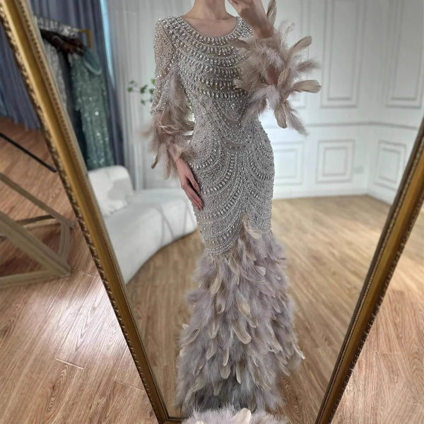 Luxury Dubai  Nude Saudi Arabic Evening Gown with Beaded Feathers Dress for Formal Occasion LA72736
