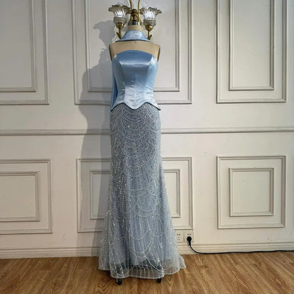 Blue Arabic Dubai Designer A-Line Evening Dress for Women Party LA73216 - SERENE HILL