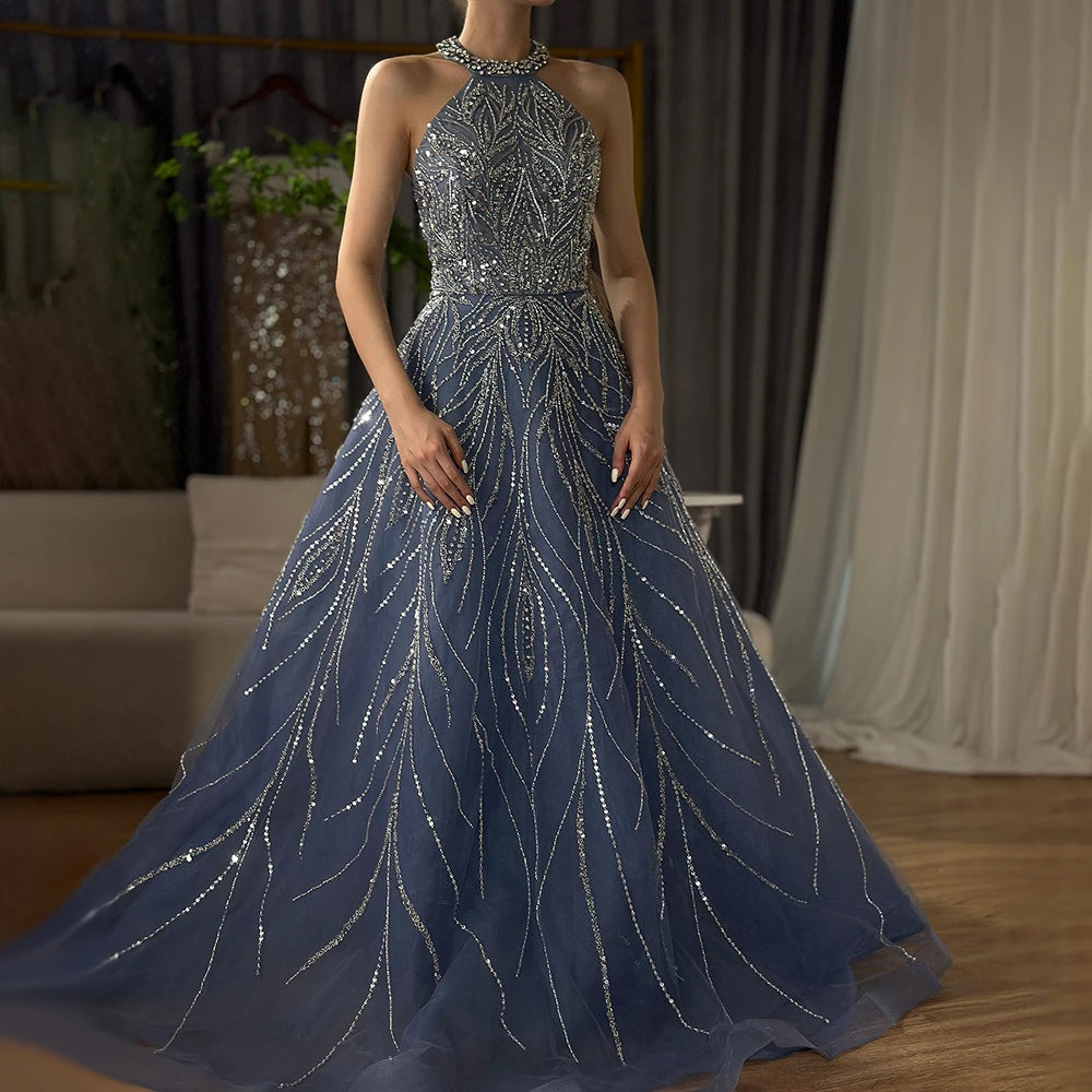 Serene Hill Elegant Blue Arabic A-line Halter Gown Luxury Dubai Evening Dress for Women Wedding Party 2025 LA72302 - SERENE HILL
