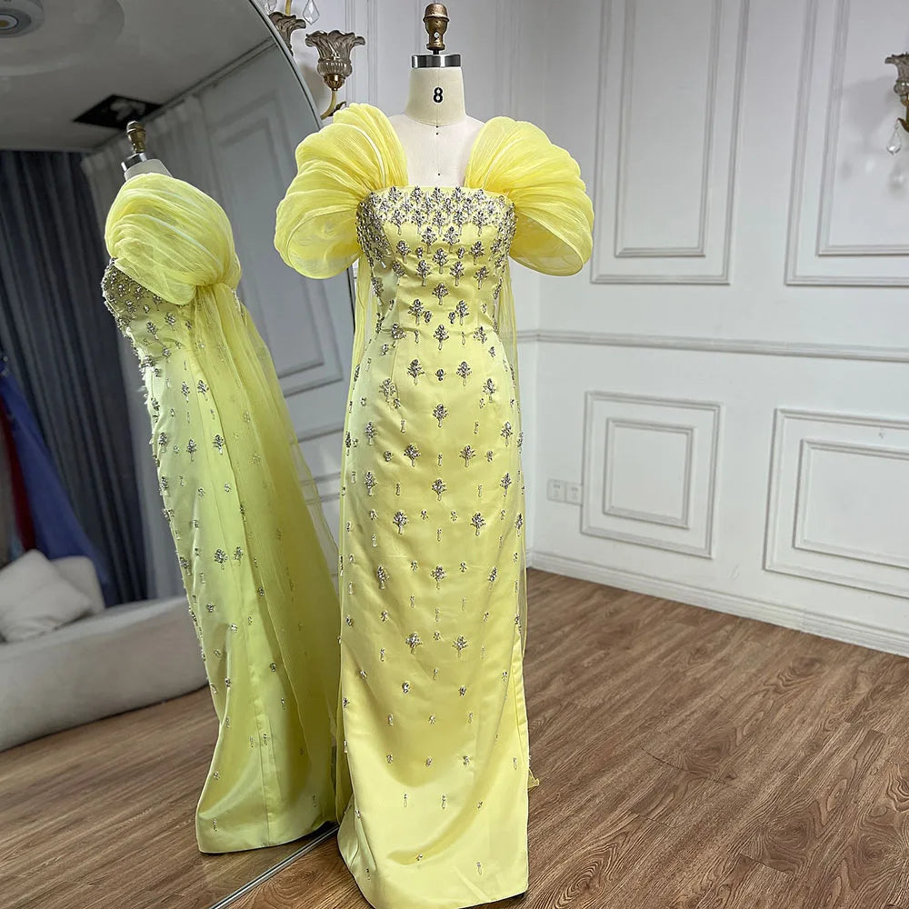 Luxury Dubai Elegant Yellow Saudi Arabic Ankle Length Evening Gown Bea – SERENE HILL