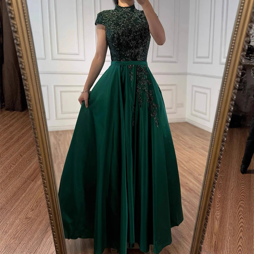 Serene Hill Satin Green A-Line Beading Evening Gowns 2025 Dubai High Collar Cap Sleeves Formal Dress Design LA70761 - SERENE HILL