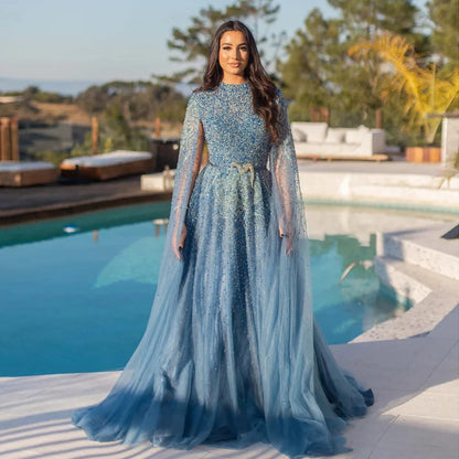 Luxury Blue A-Line High Neck Beaded Evening Dress with Cape Sleeves LA70066B - SERENE HILL