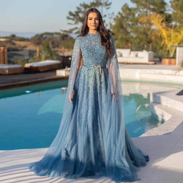 Luxury Blue A-Line High Neck Beaded Evening Dress with Cape Sleeves LA70066B