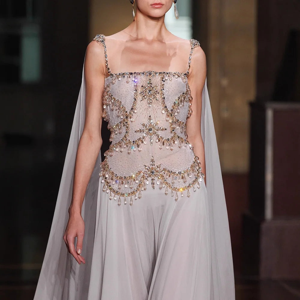 Luxury White Chiffon Cape Evening Dress with Beaded Bodice LA73123 - SERENE HILL
