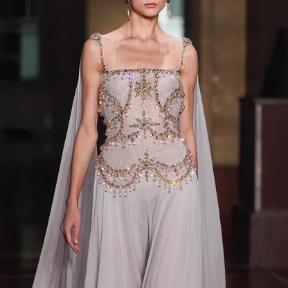 Luxury White Chiffon Cape Evening Dress with Beaded Bodice LA73123 - SERENE HILL