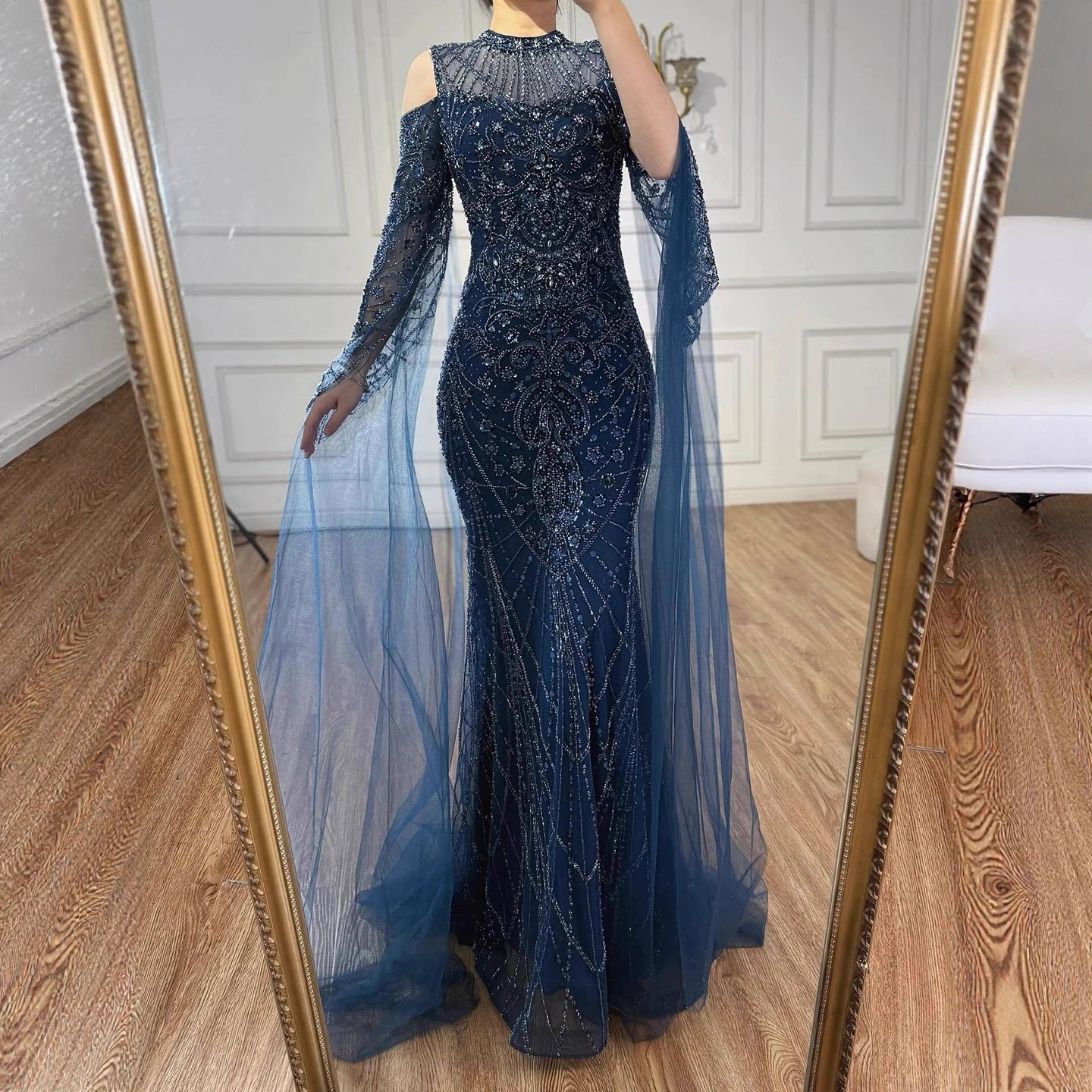 Luxury Dubai Navy Blue Beaded Lace Evening Dress with Cape Sleeves LA73323 Navy Blue / 16W Luxury Dubai Navy Blue Beaded Lace Evening Dress with Cape Sleeves LA73323 Navy Blue / 16W