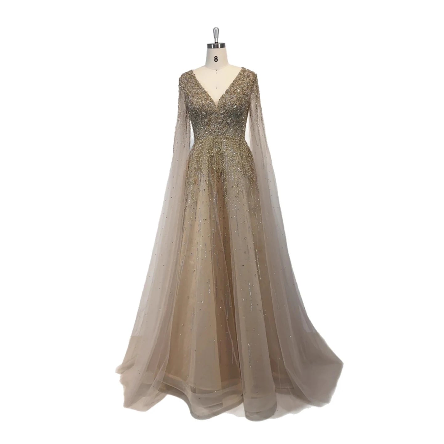 Luxury Caramel Dubai Evening Dress with Cape LA73269 - SERENE HILL