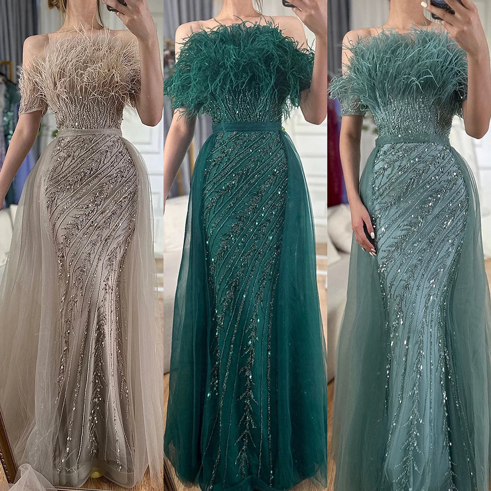 Luxury Dubai Saudi Arabic Beaded Caramel Mermaid Elegant Evening Dresses Gowns with Overskirt for Formal Occasion LA71634A - SERENE HILL
