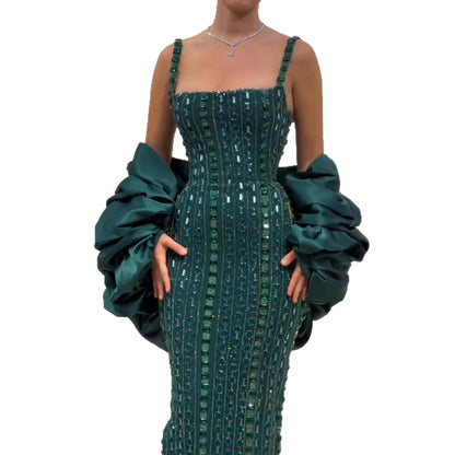 Luxury Kosovo Green Square Beaded Evening Dress with Cape LA73355 - SERENE HILL
