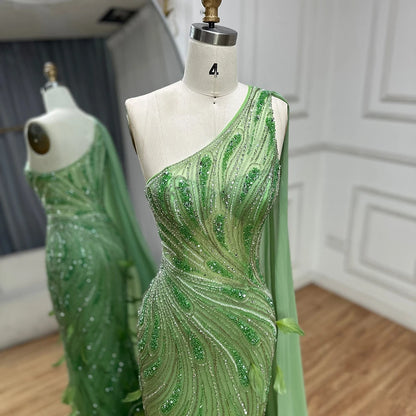 Green One-Shoulder Beaded Feathers Evening Gown with Side Cape Shawl LA72698 - SERENE HILL