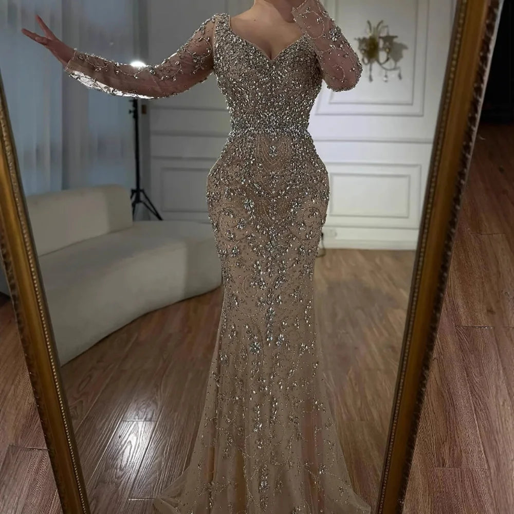 Luxury Nude Beaded Crystal Evening Dress with Long Sleeves LA73042 - SERENE HILL