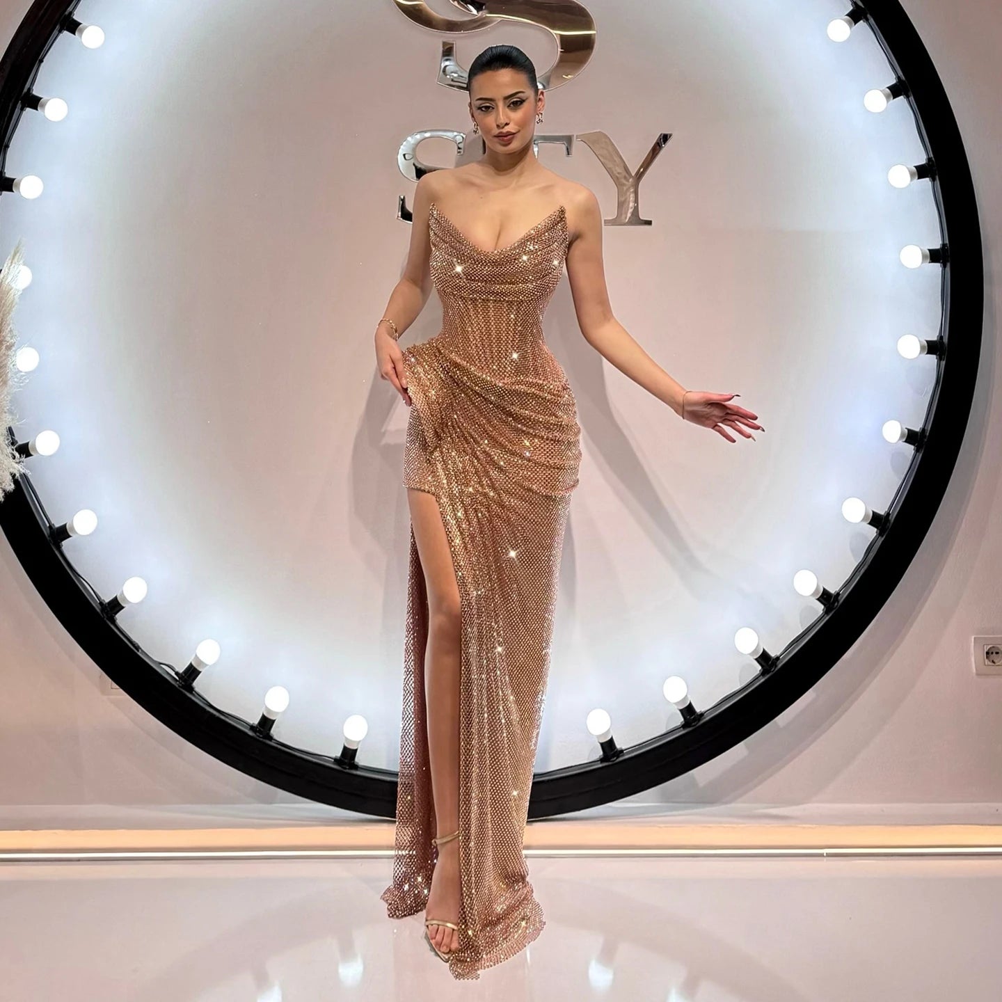 Luxury Rose Gold Saudi Arabic Beaded High Split Evening Dress LA72807B Rose Gold / 12 Luxury Rose Gold Saudi Arabic Beaded High Split Evening Dress LA72807B Rose Gold / 12