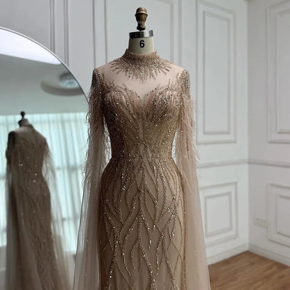 Luxury Nude Feather Beaded High Neck Formal Evening Dress for Women LA71885C - SERENE HILL
