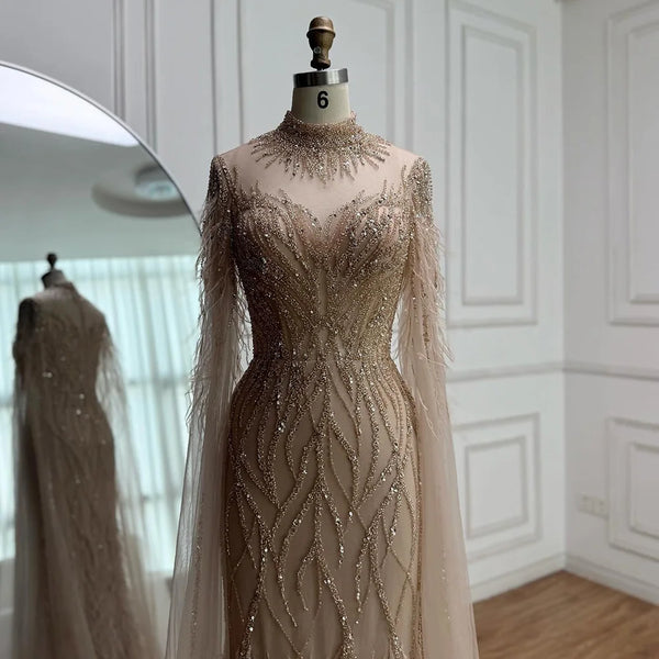 Luxury Nude Feather Beaded High Neck Formal Evening Dress for Women LA71885C