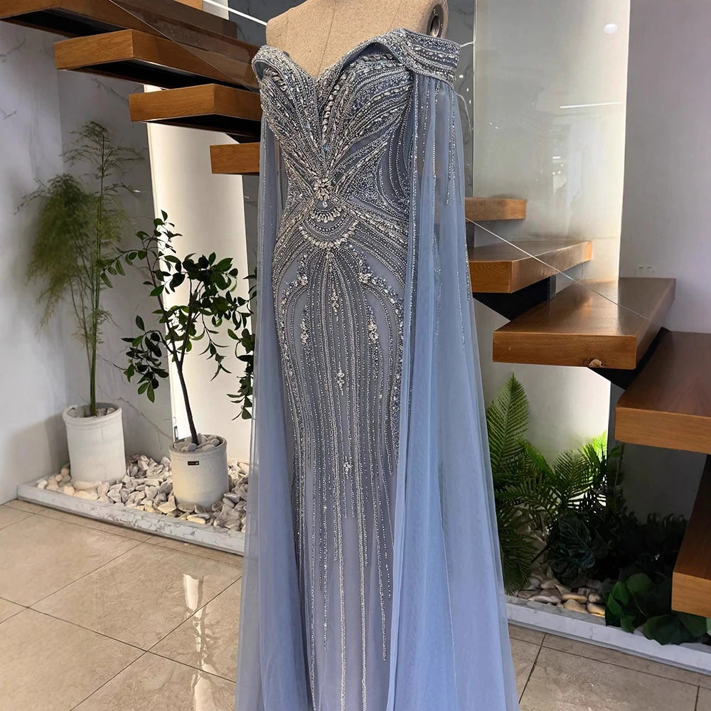 Luxury Blue Beaded Cape Sleeve Saudi Arabic Evening Dress LA73151 - SERENE HILL