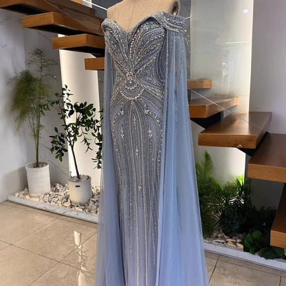Luxury Blue Beaded Cape Sleeve Saudi Arabic Evening Dress LA73151 - SERENE HILL
