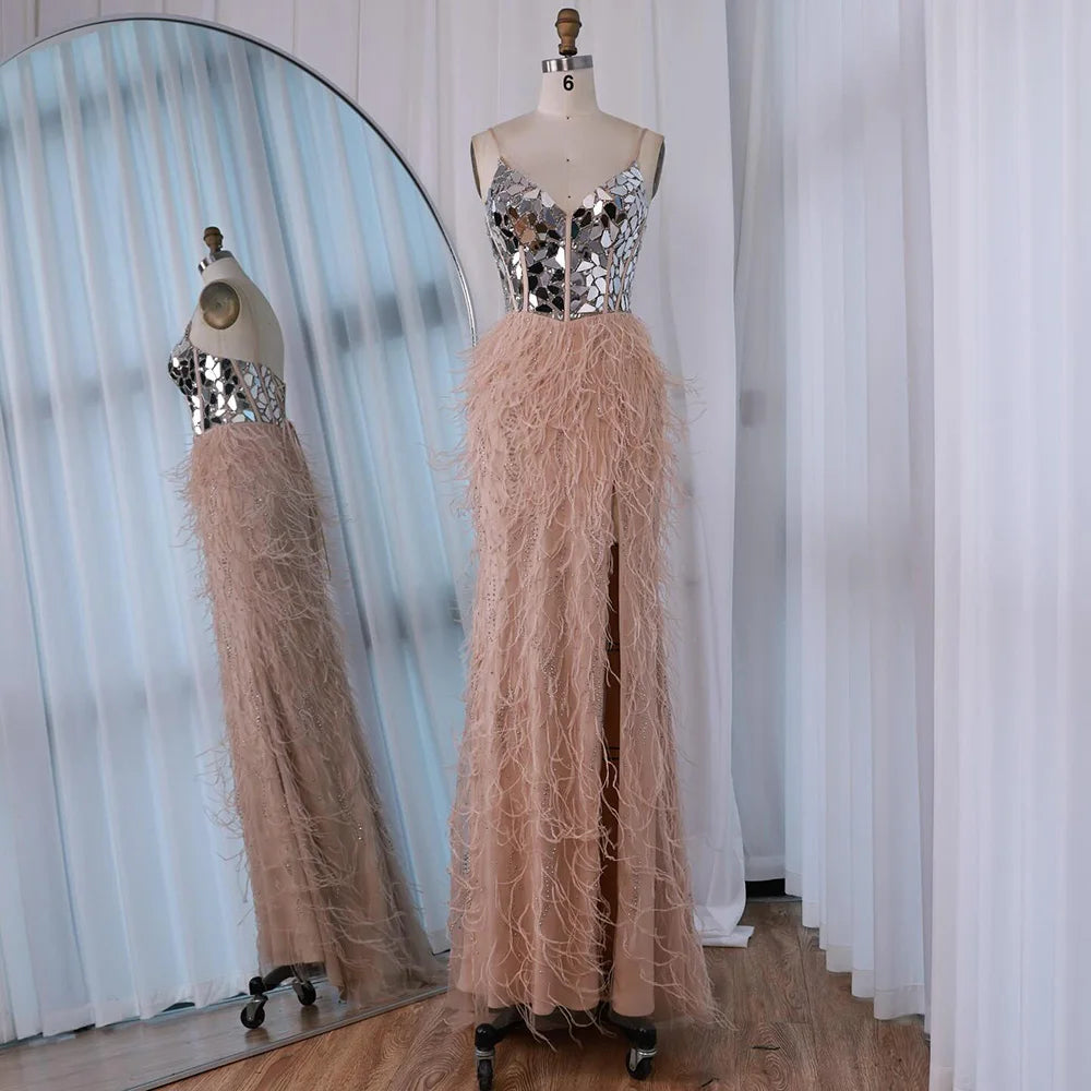 Luxury Peacock Blue Feather Evening Dress with Mirror Beaded Bodice LA73008 - SERENE HILL