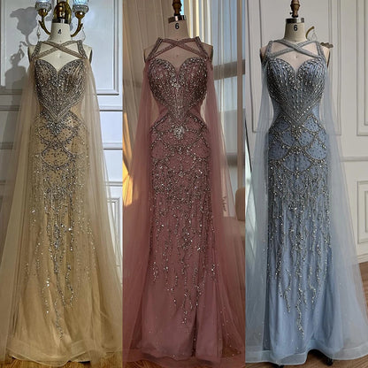 Luxury Nude Cape Sleeves Beaded Crystal Evening Dress LA72806 - SERENE HILL