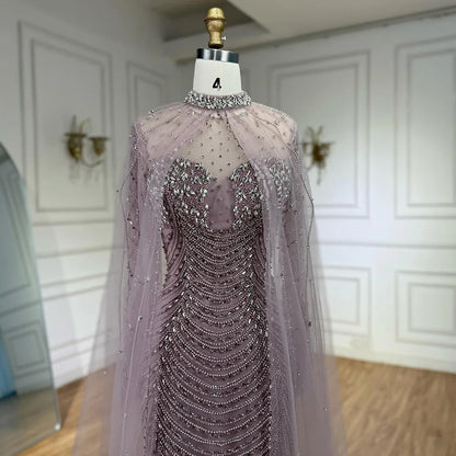 Luxury Pink Beaded Cape Sleeve Arabic Evening Dress LA73134 - SERENE HILL