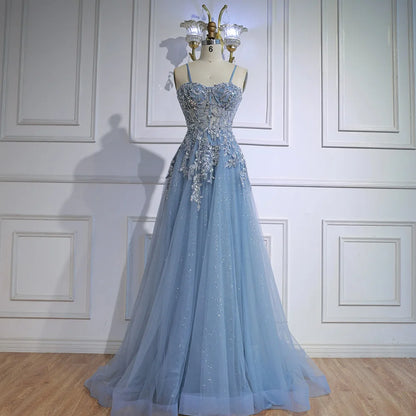 Luxury Gray Tulle A Line Prom Dress with Floral Appliques LA73015 - SERENE HILL