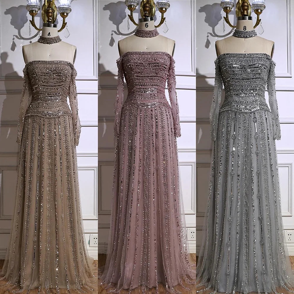 Luxury Caramel Off Shoulder Beaded Mermaid Evening Dress Long Sleeves LA73053 - SERENE HILL