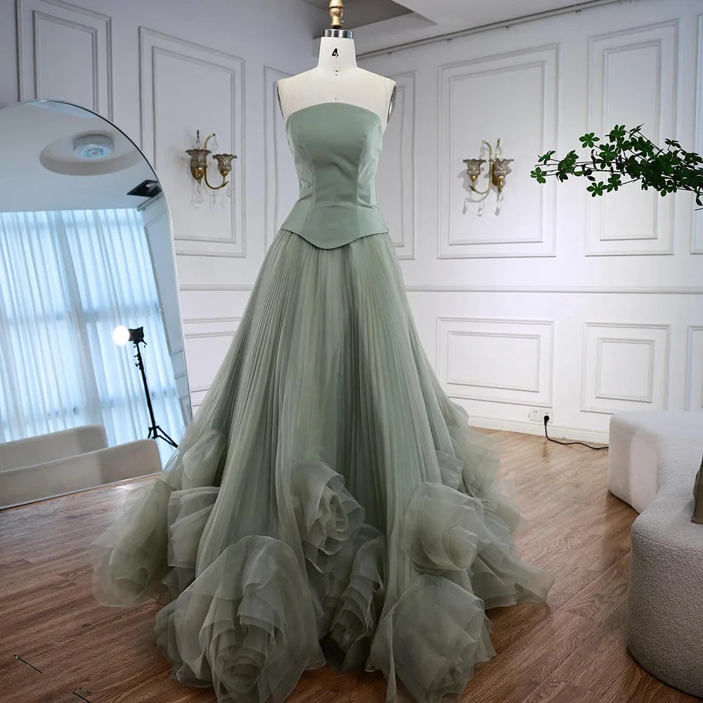 Elegant Sage Green 3D Flowers A Line Evening Dresses Gowns LA72913 - SERENE HILL