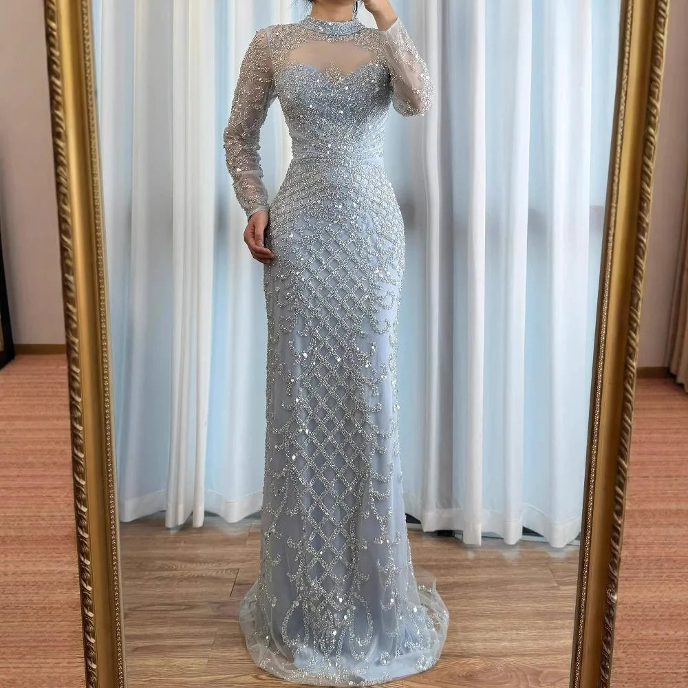 Caramel Beaded High Neck Mermaid Evening Dress Plus Size LA71747A - SERENE HILL
