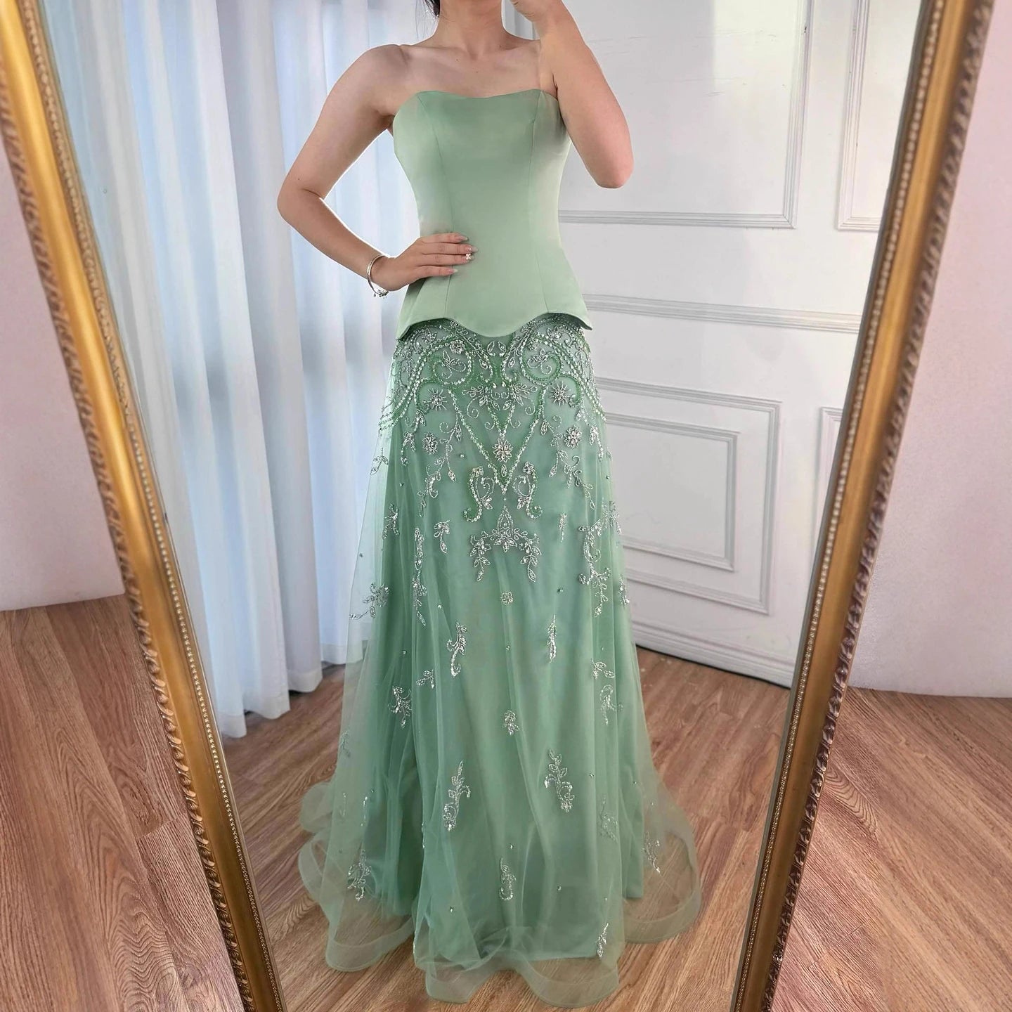 Elegant Sage Green Beaded A-Line Evening Dress Gown LA72809 - SERENE HILL