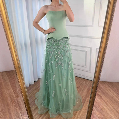 Elegant Sage Green Beaded A-Line Evening Dress Gown LA72809 - SERENE HILL