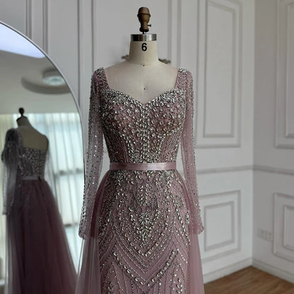 Luxury Nude Beaded Mermaid Evening Dress with Overskirt LA73190 - SERENE HILL