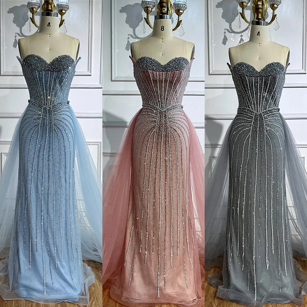 Pink Pearls Beaded Arabic Mermaid Evening Dress with Overskirt LA72811B - SERENE HILL