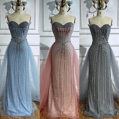 Pink Pearls Beaded Arabic Mermaid Evening Dress with Overskirt LA72811B - SERENE HILL