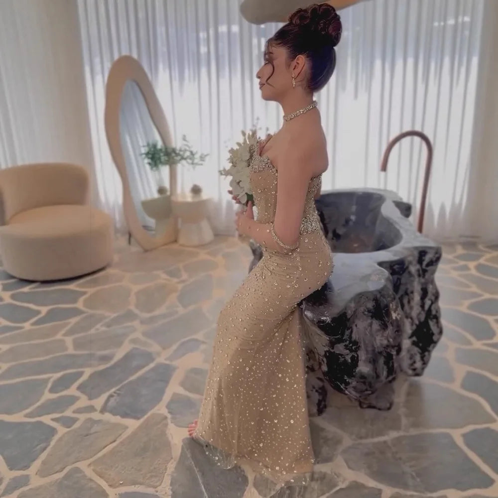Luxury Nude Crystal Beaded Mermaid Evening Gown with Gloves LA73138 - SERENE HILL