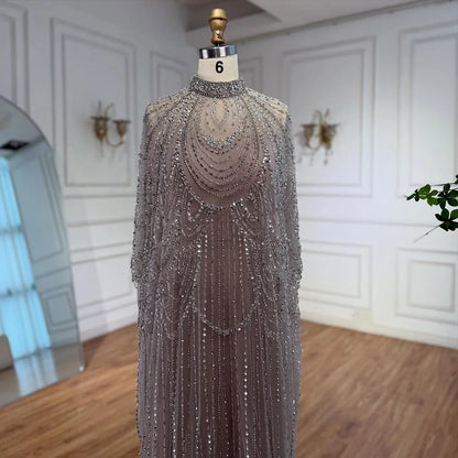 Luxury Silver Nude Beaded Mermaid Evening Dress with Cape LA72484A - SERENE HILL