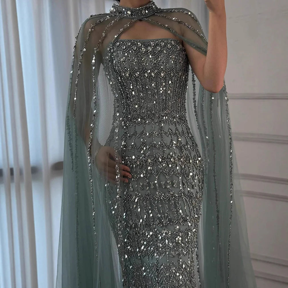 Luxury Turquoise Beaded Evening Dress with Detachable Cape LA72714B - SERENE HILL