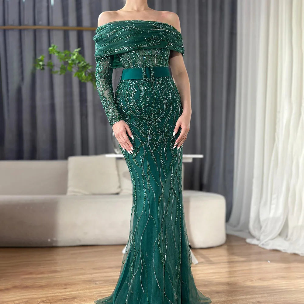 Serene Hill Arabic Nude Mermaid One Shoulder Beaded Luxury Dubai Evening Dresses Gowns For Women Wedding Party 2025 LA72161 - SERENE HILL