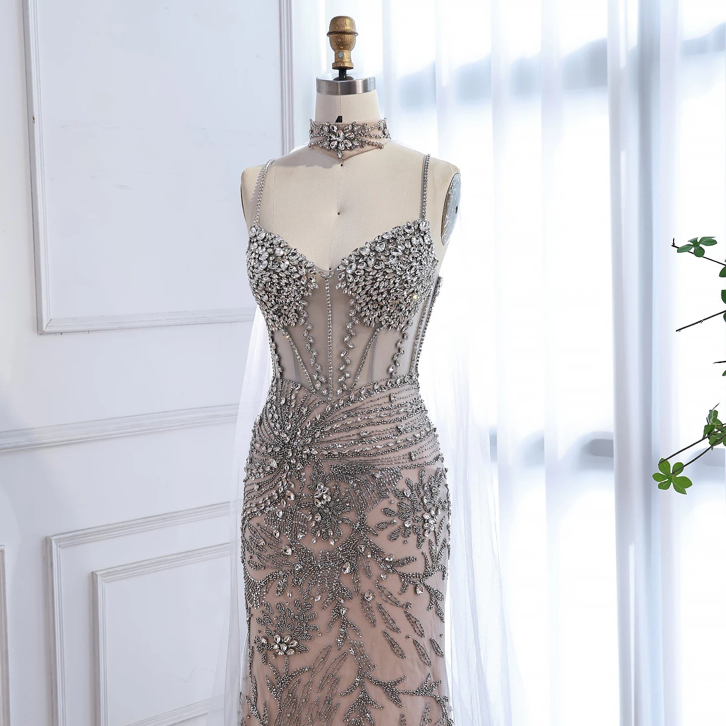 Luxury Evening Dress Grey Beaded With Cape Prom Gown LA73342 - SERENE HILL
