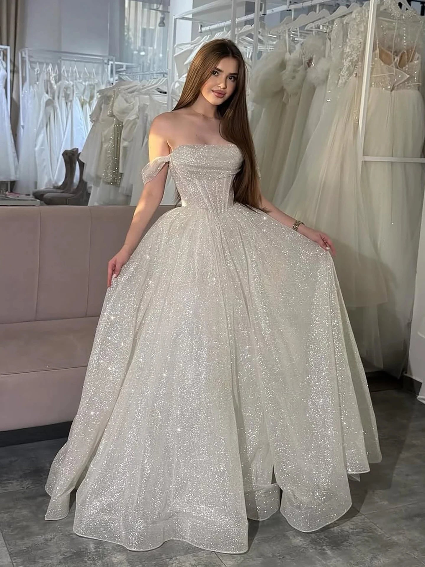 Luxury Pink Sequin Off Shoulder Evening Dress Ball Gown LA73456 - SERENE HILL