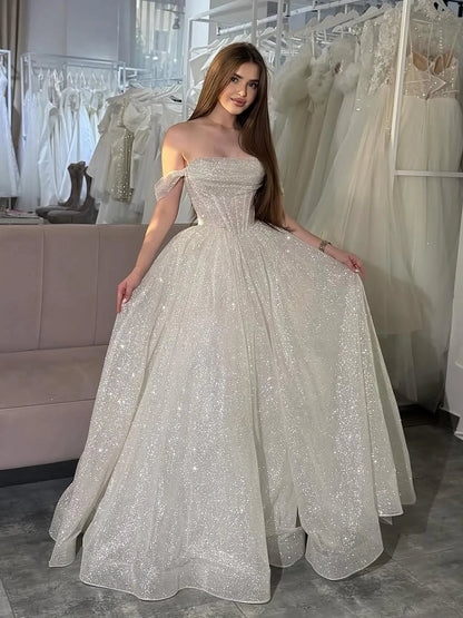 Luxury Pink Sequin Off Shoulder Evening Dress Ball Gown LA73456 - SERENE HILL