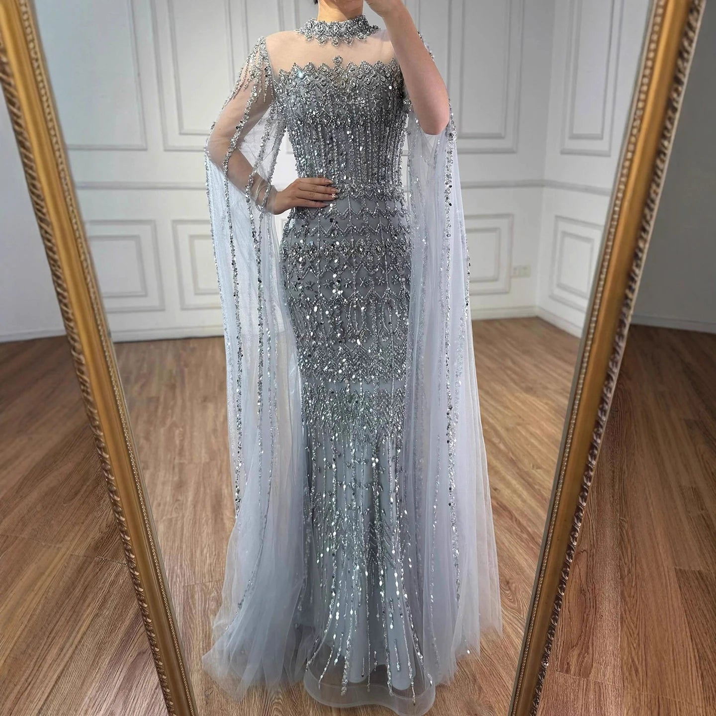 Luxury Nude Beaded Evening Dress with Long Cape Sleeves LA72714A - SERENE HILL