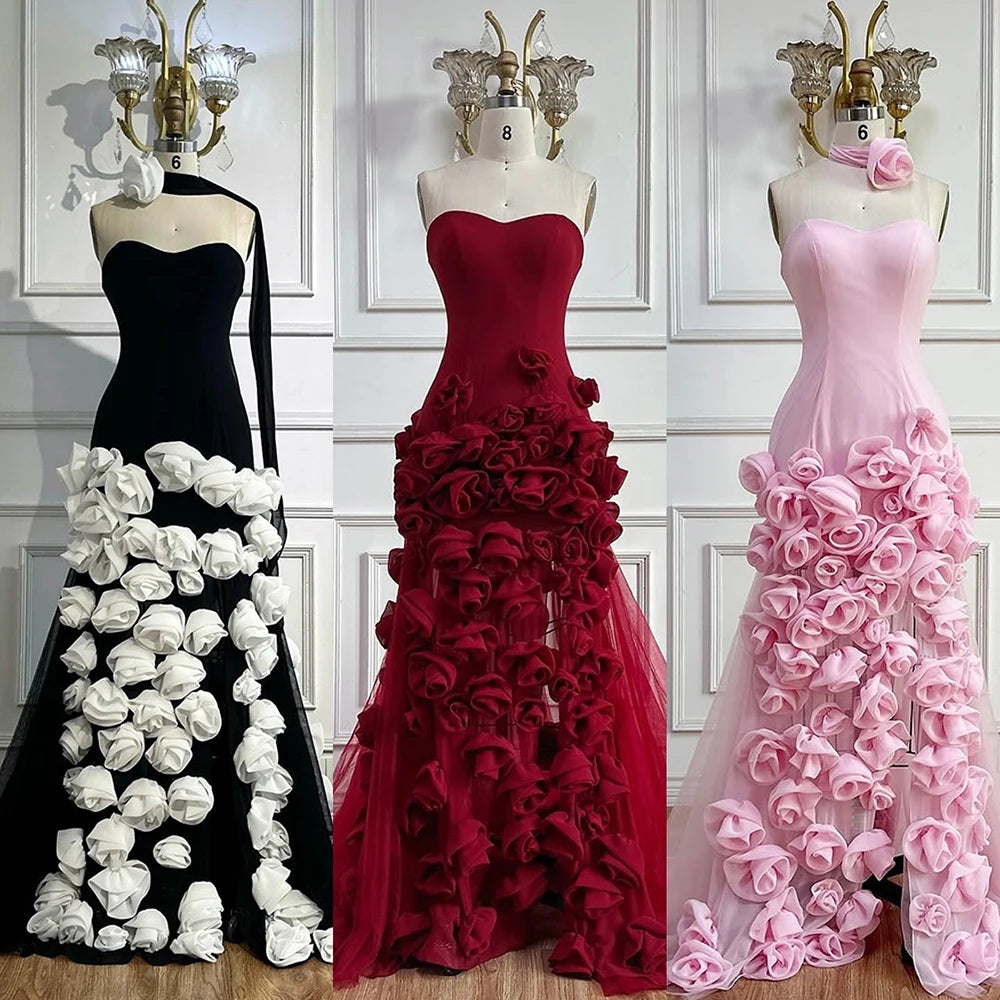Elegant Evening Dress for Girls Arabic Pink 3D Flowers Elegant Srapless Dress Side Split Prom Party Gowns LA72568 - SERENE HILL