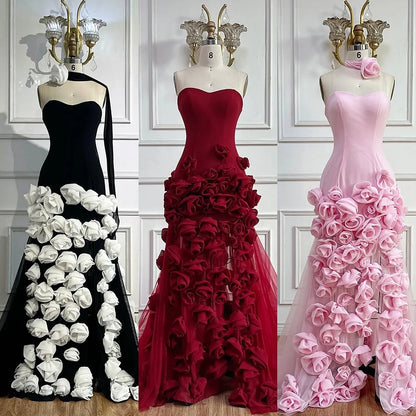 Elegant Evening Dress for Girls Arabic Pink 3D Flowers Elegant Srapless Dress Side Split Prom Party Gowns LA72568 - SERENE HILL