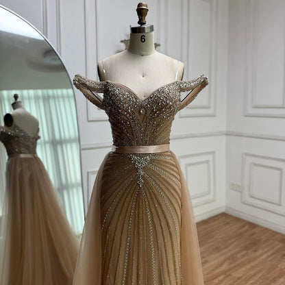 Luxury Nude Arabic Crystal Beaded Mermaid Off Shoulder Evening Dress LA73128 - SERENE HILL